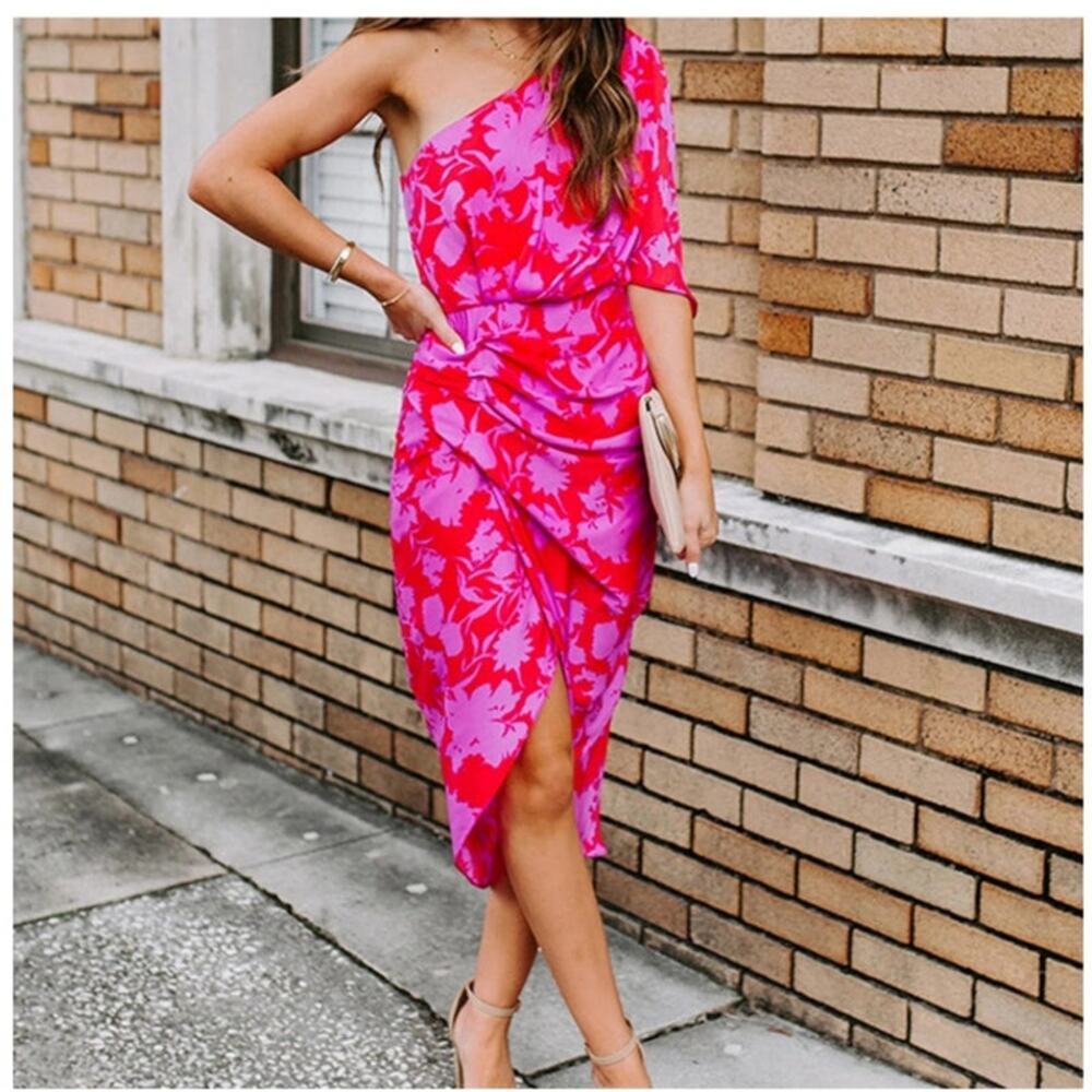 DO+BE Hot Pink Floral One-Shoulder Midi Dress